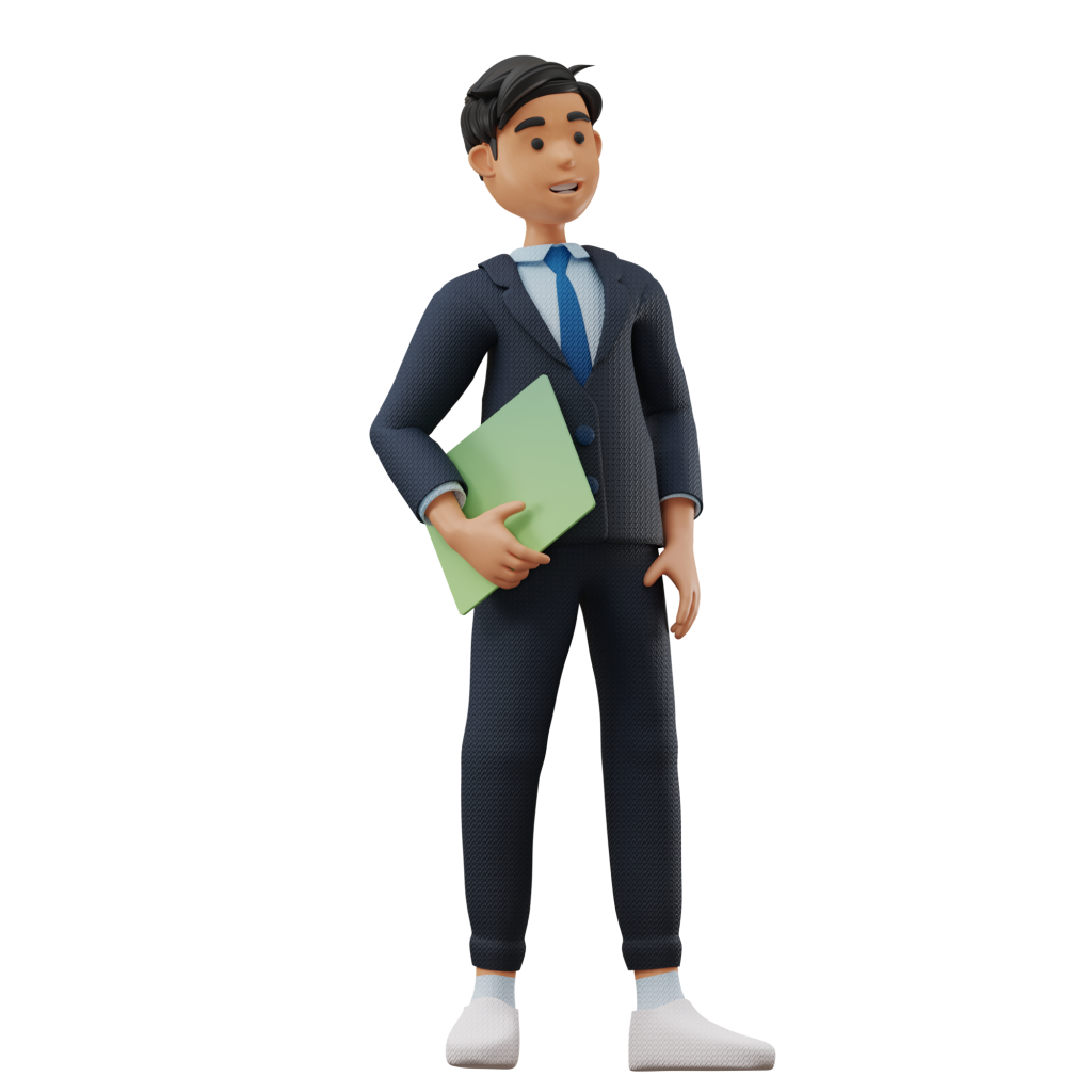 The image is of a 3d cartoon character looking to the right, holding a clipbaord.